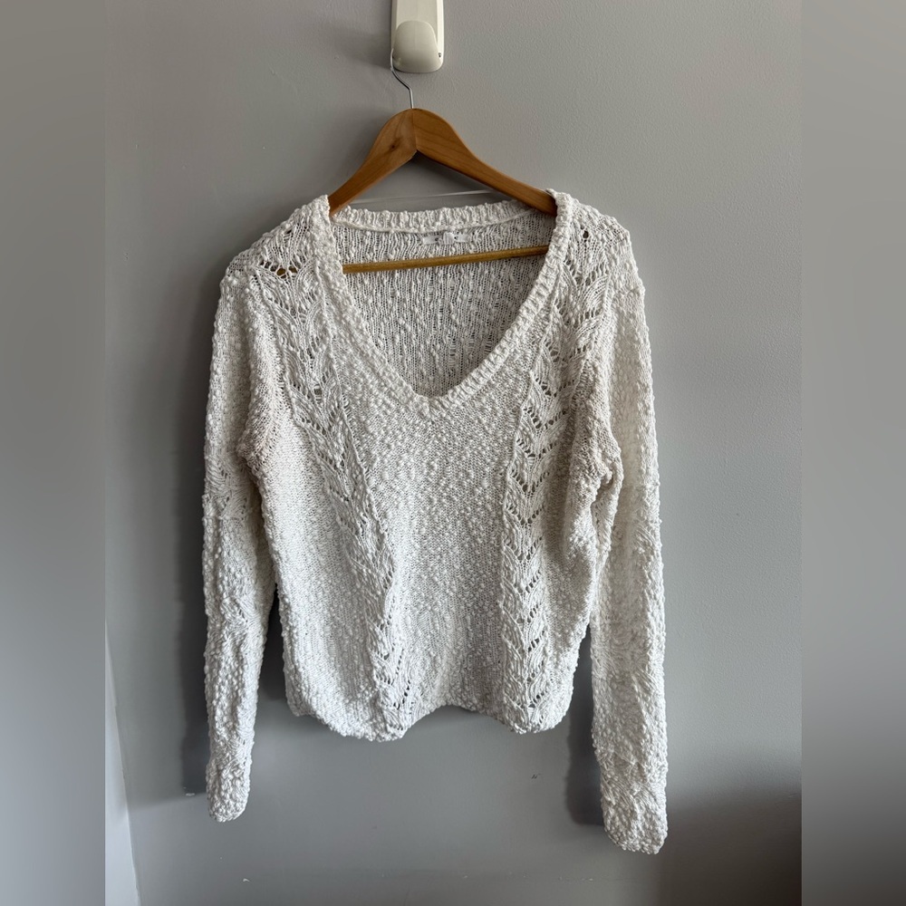 O’Neill White Boho Open Knit Cotton Sweater XL Beach Coastal V-Neck Lightweight